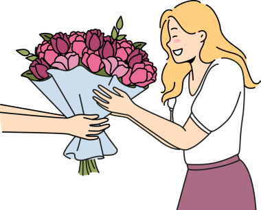 Heyecanlı kadın doğum gününde çiçek alıyor.