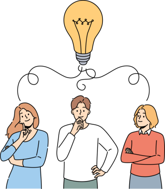 Kafasında kocaman bir ampul olan düşünceli çalışanlar.