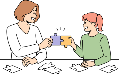 Gülümseyen anne ve kızı bulmaca çözerler.