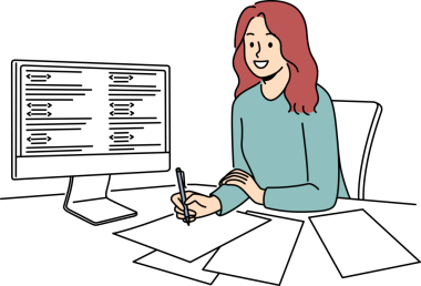 Gülümseyen kız bilgisayarda çalışıyor. Not alıyor.