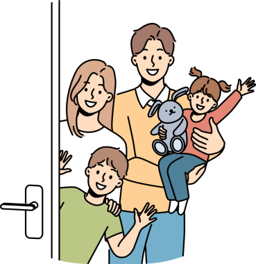 Çocuklu aile kapının yanında durur, misafirleri ziyafete davet eder ve selamlaşarak el sallarlar.