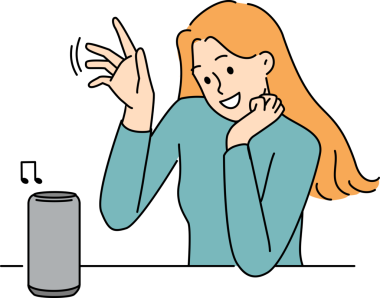 Kadın sanal interlokasyoncu ile iletişim kurmak için ses kontrollü kablosuz hoparlör kullanıyor.