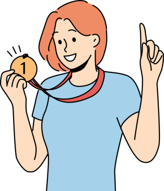 Birincilik madalyası alan kadın spor yarışmasını kazandı ve kupayı göstermekten gurur duyuyor.