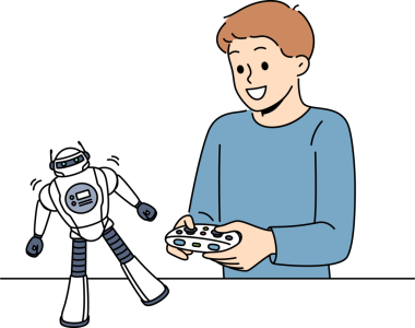 Okulda ya da anaokulunda robotik öğrenme konsepti için uzaktan kumandalı oyuncak robotu olan çocuk.