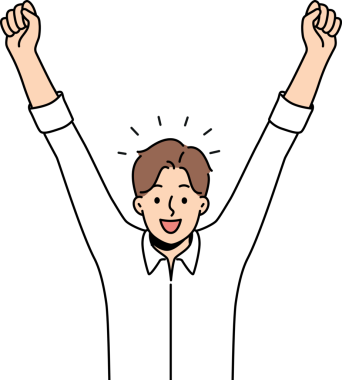 Memnuniyetle zaferi el kaldırarak ve kariyer başarılarıyla sevinerek kutlar.