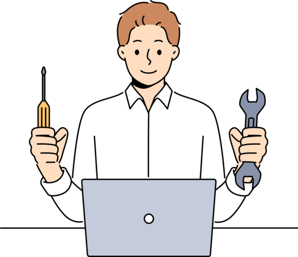 Человек чинит ноутбук после поломки и держит отвертку и гаечный ключ, работая системным администратором.