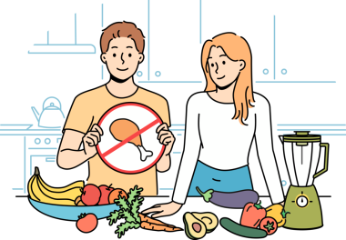 Sebzelerle ve etsiz bir şekilde mutfakta duran kadın ve erkeklerle vegan yemek pişirme şovu.