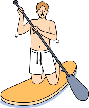 Adam elinde kürekle yemek masasına oturur ve gülümser. Ekrana bakar, spor yapmaya teşvik eder.