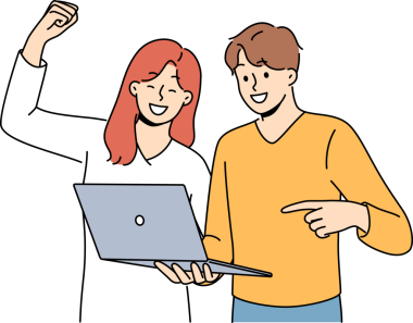 Bilgisayarlı mutlu çift online kumarhanede veya piyangoda para ödülü kazandıktan sonra jest yapıyor.