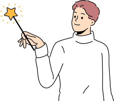 Büyücü adam sihirli değnek kullanır ve büyücülük ya da sihirbazlık numarası sırasında büyü yapar.