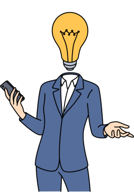 Kafası yerine ampulü olan bir iş adamı iş geliştirme ya da başarılı bir girişim başlatma fikrini ortaya attı. Resmi kıyafetli insan telefonu elinde tutuyor ve şirket kârını artırmak için fikirler sunuyor.