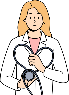 Ellerinde steteskop olan kadın doktor gülümseyerek klinikte önleyici tıbbi muayeneden geçmesini istiyor. Kız doktor ya da hemşire olarak çalışıyor, beyaz önlük giyiyor ve hastalara yardım etmekten hoşlanıyor.
