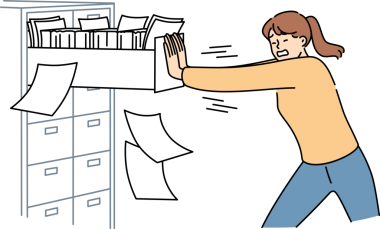 Kadın, evrak işleri ve bürokrasiden muzdarip, dolup taşan dosya dolabını kapatıyor. Kız, bürokrasiden kurtulmak için verilerin sayısallaştırılması için konsept ihtiyacını kağıtlarla emniyete alıyor