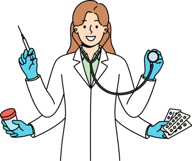 Çok kollu kadın doktor, kliniğe gelen hastaya aynı anda teşhis koymaya ve onu tedavi etmeye hazır. Steteskoplu, haplı ya da şırıngalı doktor gülümsemesi yüksek verimliliği gösteriyor.