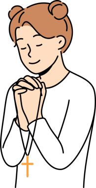 Küçük kız dua okur, avuçlarını göğsüne yakın uzatır ve Hıristiyan haçını elinde tutar. Genç yaşta dua eden, katoliklik ve Hıristiyan dinine bağlı hisseden mutlu çocuklar.