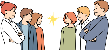 Rakip ofis çalışanlarından oluşan gruplar birbirlerine bakıp savaşmaya hazır olduklarını gösteriyorlar. Meslektaşlarına karşı üstünlük sağlamaya çalışan rakip iş adamları ve kadınlar