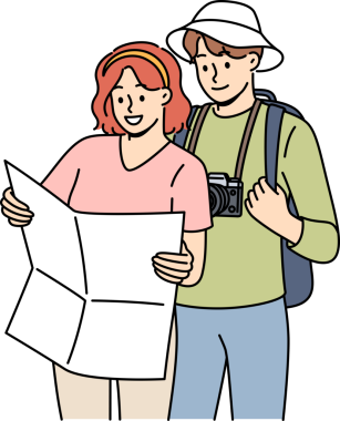 Birkaç turist harita çalışıyor, dağlarda doğa yürüyüşü için rota seçiyorlar ya da şehir sokaklarında yürüyorlar. Fotoğraf makineli turistler, arazi üzerinde yön bulma ve yönlendirme için kağıt harita kullandılar.