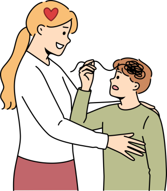 Kafasında karmaşık düşünceler olan mutsuz çocuğu kucaklayan şefkatli bir kadından annelik desteği. Başarılı bir geleceği olan sağlıklı ve gelecek vaat eden bir insan yetiştirmek için anne desteğinin önemi kavramı.