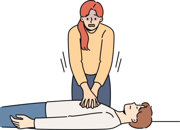 Kadın gergin, adama kalp masajı yapıyor bayılmış, göğüs kaslarına baskı yapıyor. Ani kalp yetmezliği olan ya da kardiyo fonksiyonlarında bozukluk olan birinin ilk yardım ve kurtarılması eğitimi.