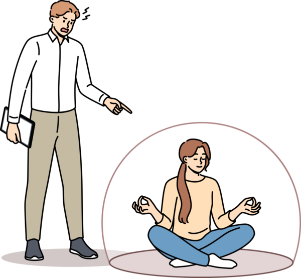 Kadın meditasyon yapıyor ve bağıran patrona aldırış etmiyor, şeffaf bir kozanın içinde lotus pozisyonunda oturuyor. Kız, zehirli yönetimle çalışırken sakin kalmak için Budizm üzerine meditasyon yapıyor ve pratik yapıyor..