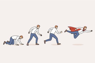 İş adamının evrimi, sürünen eziklerden lider ve süper kahramana dönüşüyor. Çok çalışma ve sorumluluk sayesinde başarılı olan başarılı ofis yöneticisinin evrim süreci