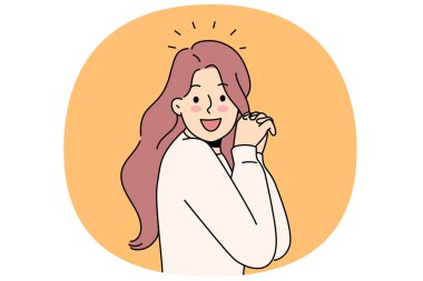 Gülen kadın elini kaldırır ve ekrana bakar, sizinle tanışmaktan zevk alır ya da iyi haberler almaktan memnun olur. Uzun saçlı gülen kız hedeflerine ulaştıktan sonra keyifli ve olumlu duygular yaşıyor.