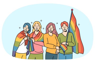 Eşcinsel geçit töreni için gökkuşağı bayraklı LGBT 'liler gurur ayını kutlamak ve eşcinsel festivaline katılmak için çağrılıyorlar. LGBT ve LGBTq erkek ve kadınları özgür aşkı destekliyor ya da geleneksel olmayan değerleri