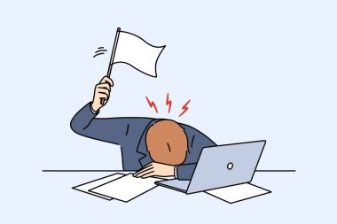 İş adamının profesyonel yorgunluktan sonra beyaz bayrak sallaması iş yerinde dizüstü bilgisayarla yatması stresi. Sıkı bir teslim tarihi olan ofis çalışanları arasında stres sorunu