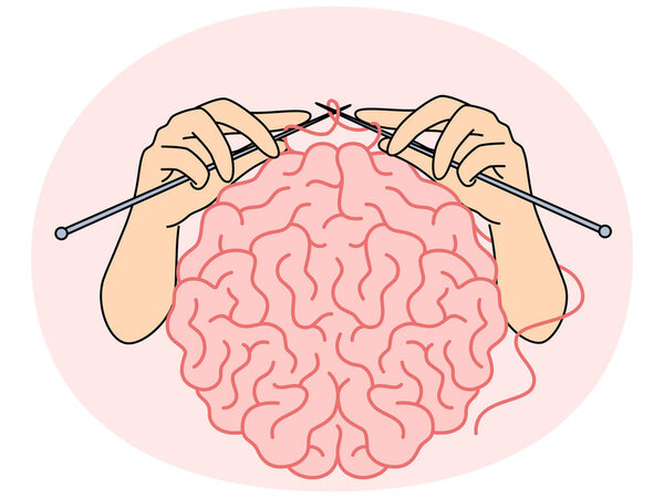 Human brain and hands with knitting needles, as metaphor for intellectual development and attempts to become smarter. Concept self-development and increasing brain capabilities to achieve your goals
