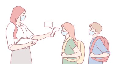 Maskeli öğrenciler ve personelle sağlık kontrollerini gösteren bir okul sahnesi, güvenliği ve refahı teşvik ediyor.