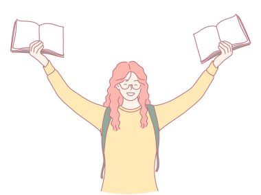 Neşeli bir insan, öğrenmenin ve eğitimin dönüştürücü gücünü sembolize eden canlı kitaplar tutar.