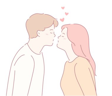 Öpüşmek için eğilen bir çiftin sayısız kalp ve aşkla çevrili harika bir çizimi.