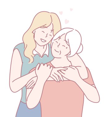 Genç bir kadınla yaşlı bir kadın arasında sevgi ve bağın sembolü olan şefkatli bir kucaklaşma paylaşılır.