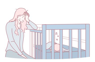 Bir anne, huzur içinde uyuyan bebeğine sevgiyle bakar ve anneliğin büyüleyici özünü yakalar.