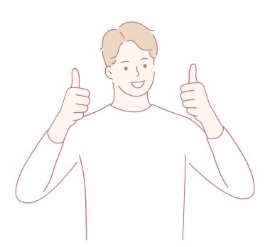 Renkli bir illüstrasyonda, genç bir adam pozitifliğini baş parmaklarıyla gösterir, cesaret ve mutluluğu simgeler.