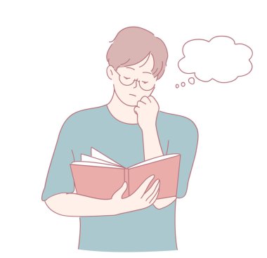 Genç bir adam düşüncelere dalmış, düşüncelere dalmış, yansıtıcı zihniyetini gösteren bir baloncukla