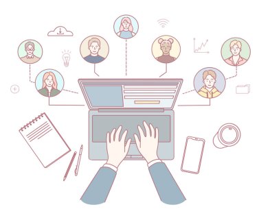 Sanal takım çalışmasının kavramlarını ve dijital iletişim araçlarını gösteren ayrıntılı bir görsel gösterim