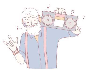 Yaşlı bir adam mutlu bir şekilde kulaklık takıyor ve müzik kutusunu taşıyor.