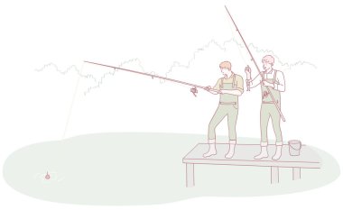 İki arkadaş, huzurlu bir rıhtımda balık tutarak, doğayı ve dostluklarını takdir ederek güzel bir günün tadını çıkarıyorlar.