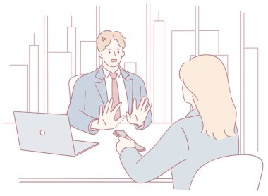 Bu profesyonel bir diyalog sahnesi bir erkek ve bir kadının iş görüşmesi düzenlediğini gösteriyor.