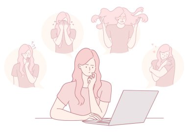 Bir kadın dizüstü bilgisayarıyla etkileşime girerken çok çeşitli duygular sergiliyor, hepsi minimalist bir tarzda sergileniyor.