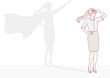 Şık profesyonel kıyafetli şık bir kadın arkasında kahramanca bir siluetle kendinden emin bir şekilde ayakta duruyor.