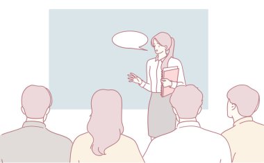 Yetenekli profesyonel bir kadın modern ve sofistike bir ortamda özenli bir seyirciye sunar.