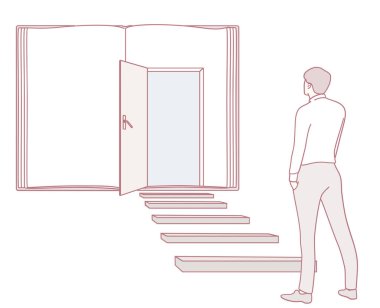 Kapısı açık, yeni başlangıçları ve hayattaki sonsuz fırsatları simgeleyen açık bir kitabın çizimi.