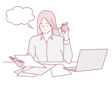 Bir kadın, modern ve sofistike bir ortamda dizüstü bilgisayarı üzerinde çalışırken çeşitli kağıtlar üzerinde kafa yoruyor.