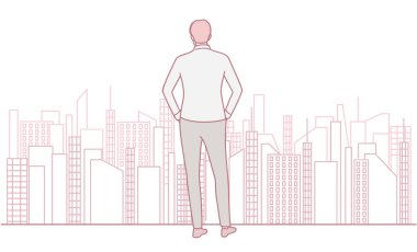 Çarpıcı bir siluet. Canlı, modern bir şehrin siluetine derin derin bakan bir adam. Minimalist tarzda canlı bir şekilde resmedilmiş.
