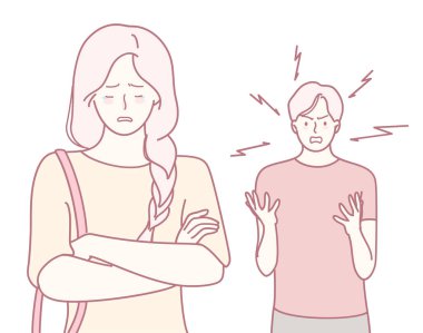 İki birey arasındaki duygusal anlaşmazlığı anlatan bir sahne, gergin vücut dilini vurguluyor..