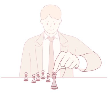 Bir iş adamı stratejik olarak tahtaya bir satranç taşı yerleştirir, karar verme mekanizmasını ve stratejiyi sembolize eder..