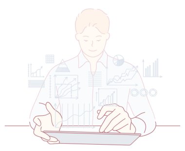 Bir adam iş analizlerinin çeşitli grafikleri ve görselleri ile çevrili bir tablet aygıt kullanmakla meşgul.