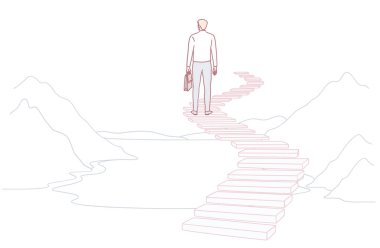 Azimli bir adamın manzaralı bir dağ manzarasına karşı başarıya doğru adım adım yürüdüğünü gösteren ilham verici bir çizim.